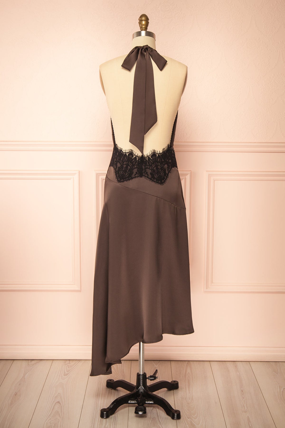 Abiline | Brown Satin Halter High-Low Dress with Back Lace