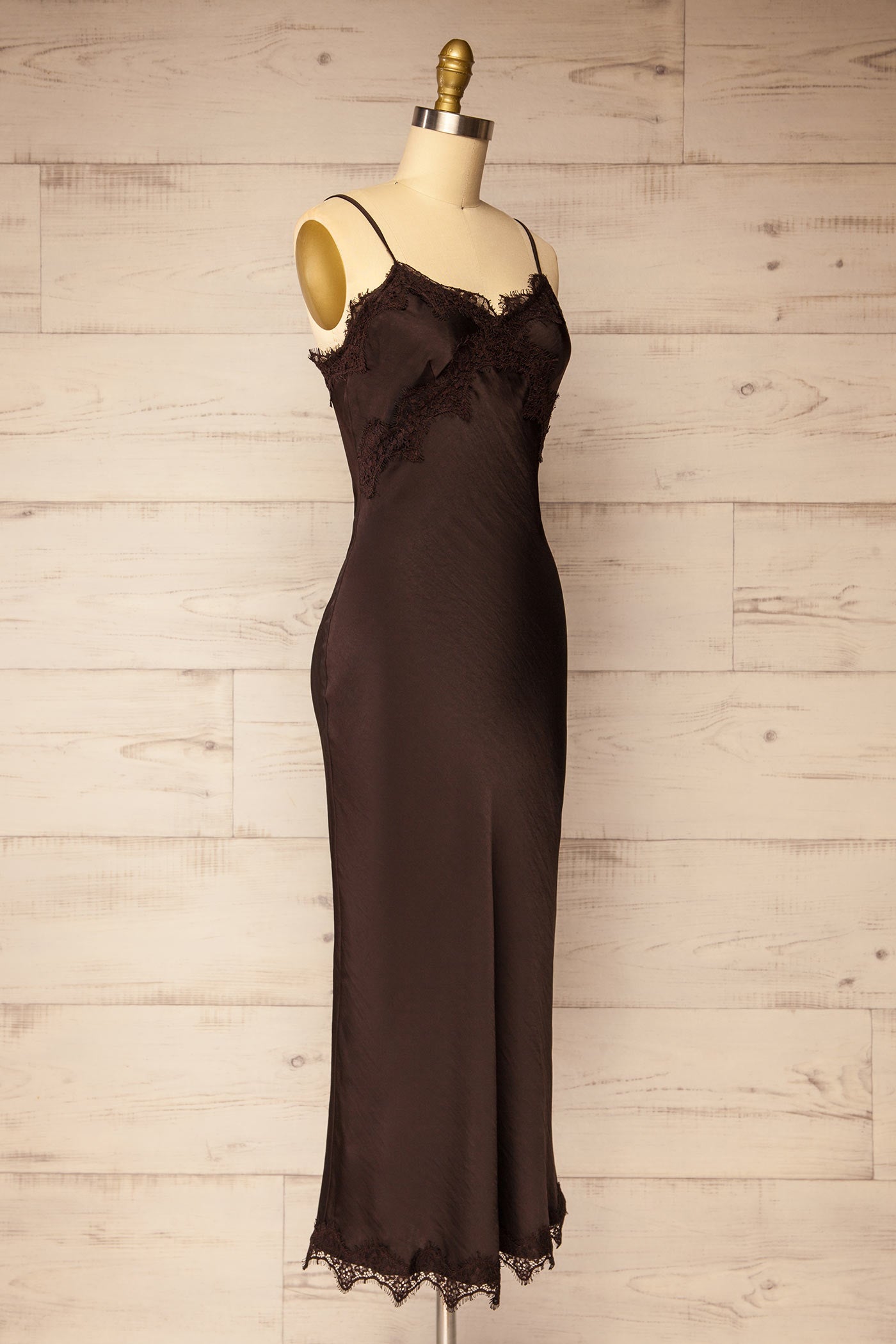 side view of Achim Brown Satin Lace-Trim Midi Slip Dress at La petite garçonne