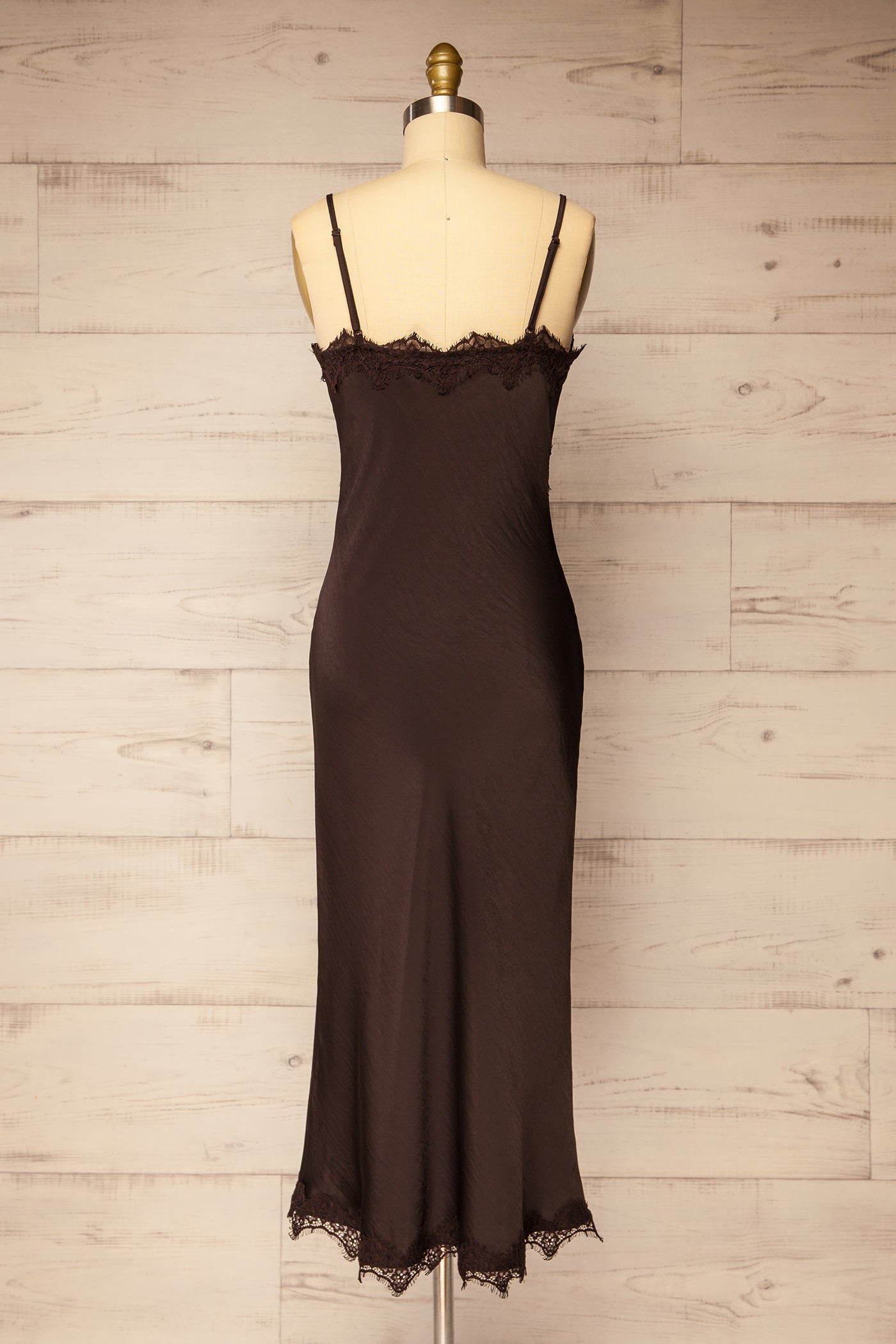 back view of Achim Brown Satin Lace-Trim Midi Slip Dress at La petite garçonne