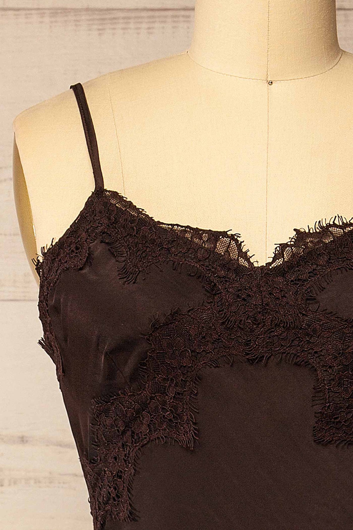 fabric view of Achim Brown Satin Lace-Trim Midi Slip Dress at La petite garçonne