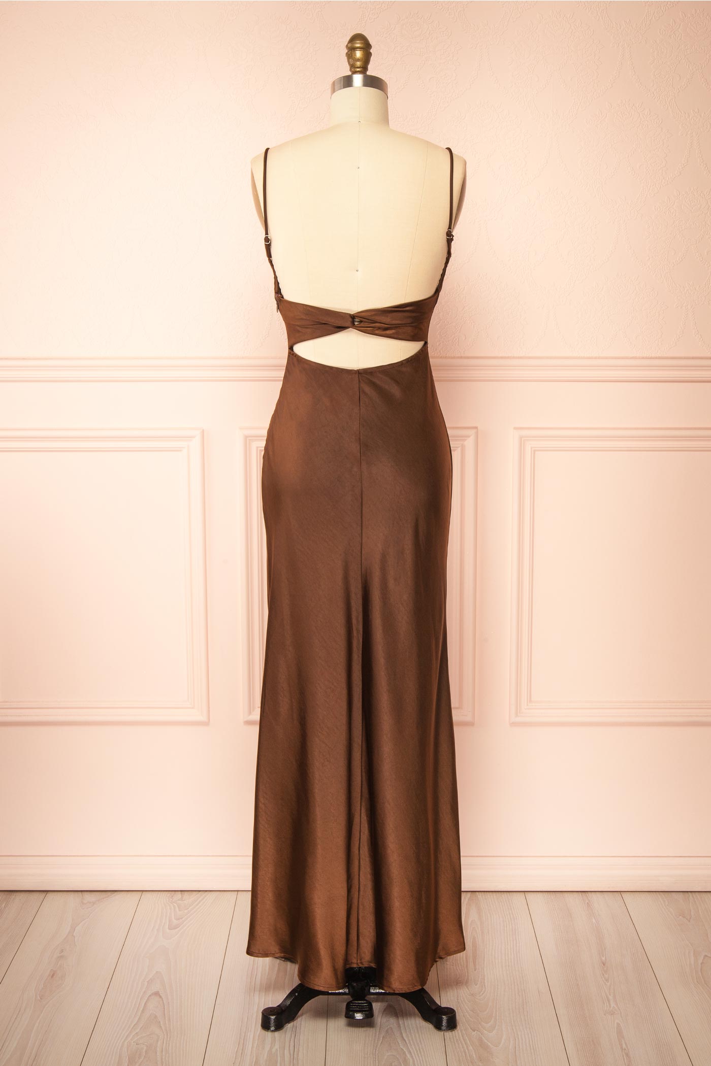 Acibelle Brown Maxi Satin Dress with Open Back | Boutique 1861 back view