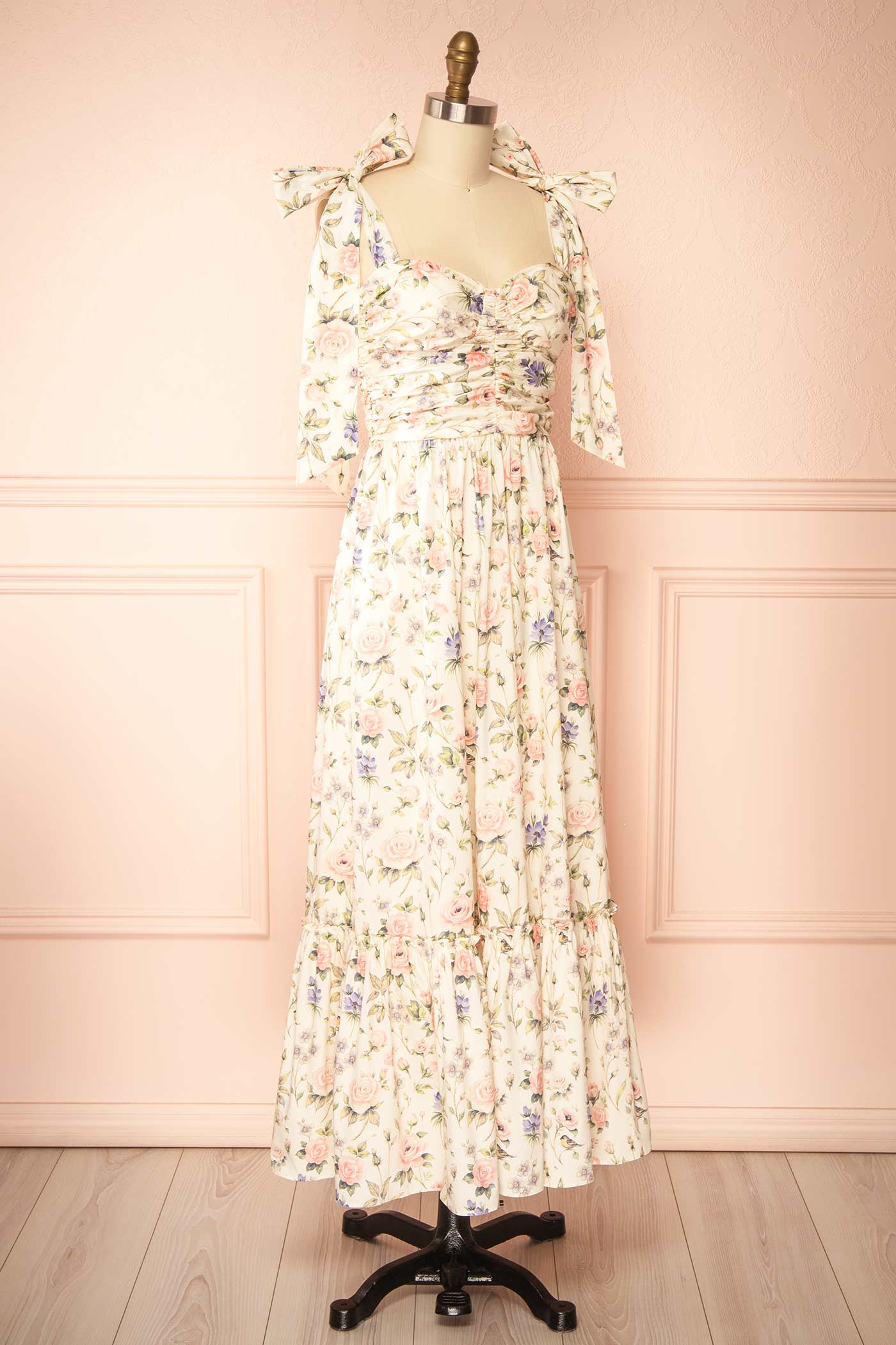 Acilia | Floral A-Line Midi Dress with Tie-Shoulder Straps