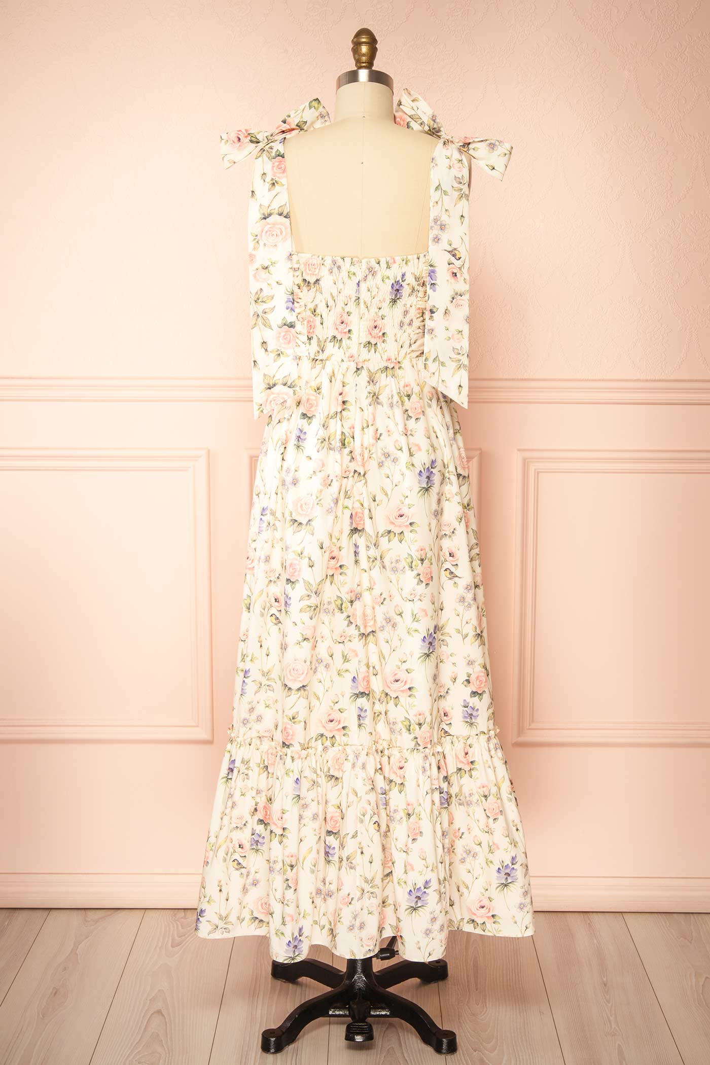Acilia | Floral A-Line Midi Dress with Tie-Shoulder Straps