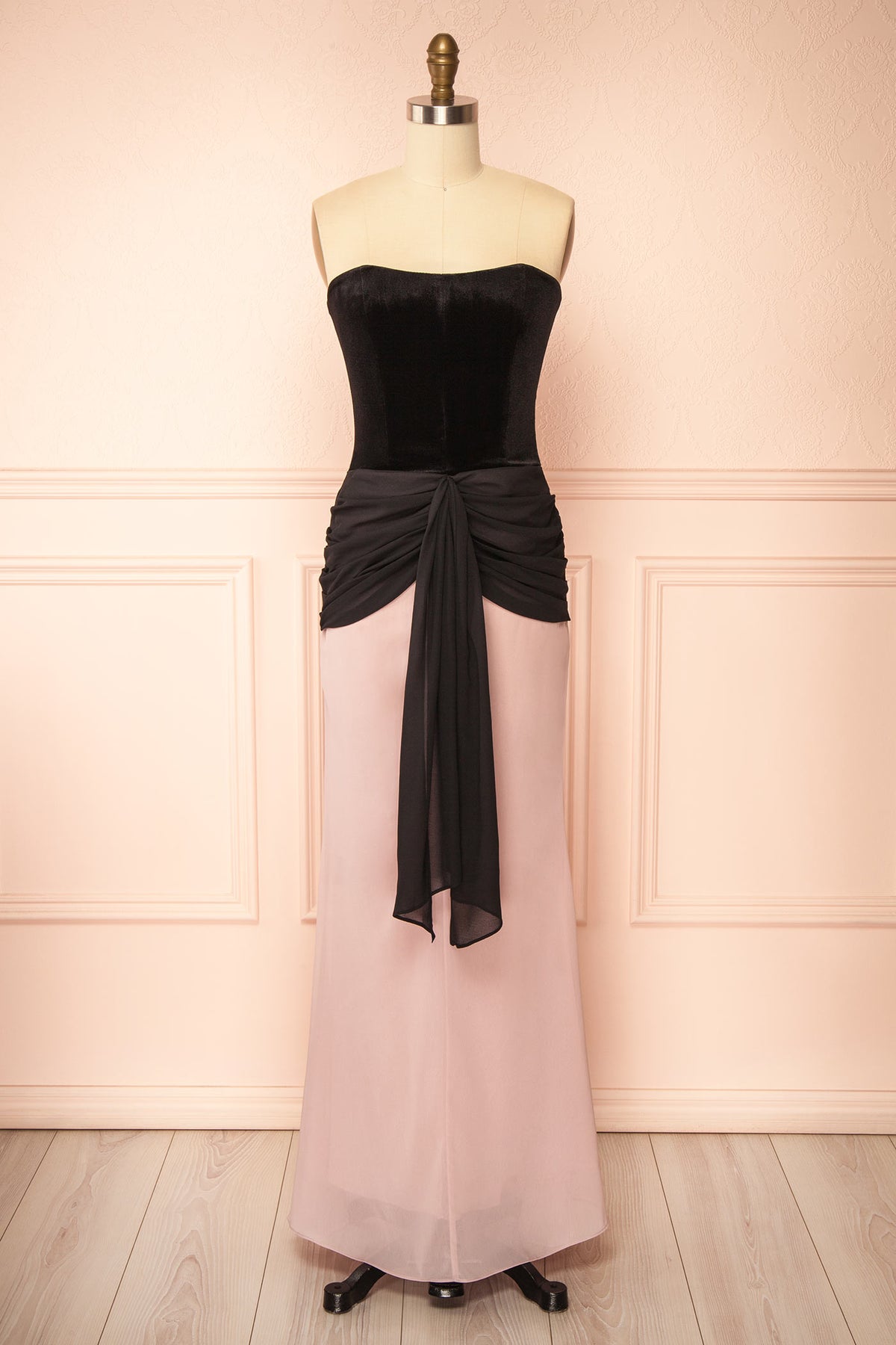 Front view of Acilie Black Strapless Velvet and Chiffon Bicolor Maxi Dress at Boutique 1861 
