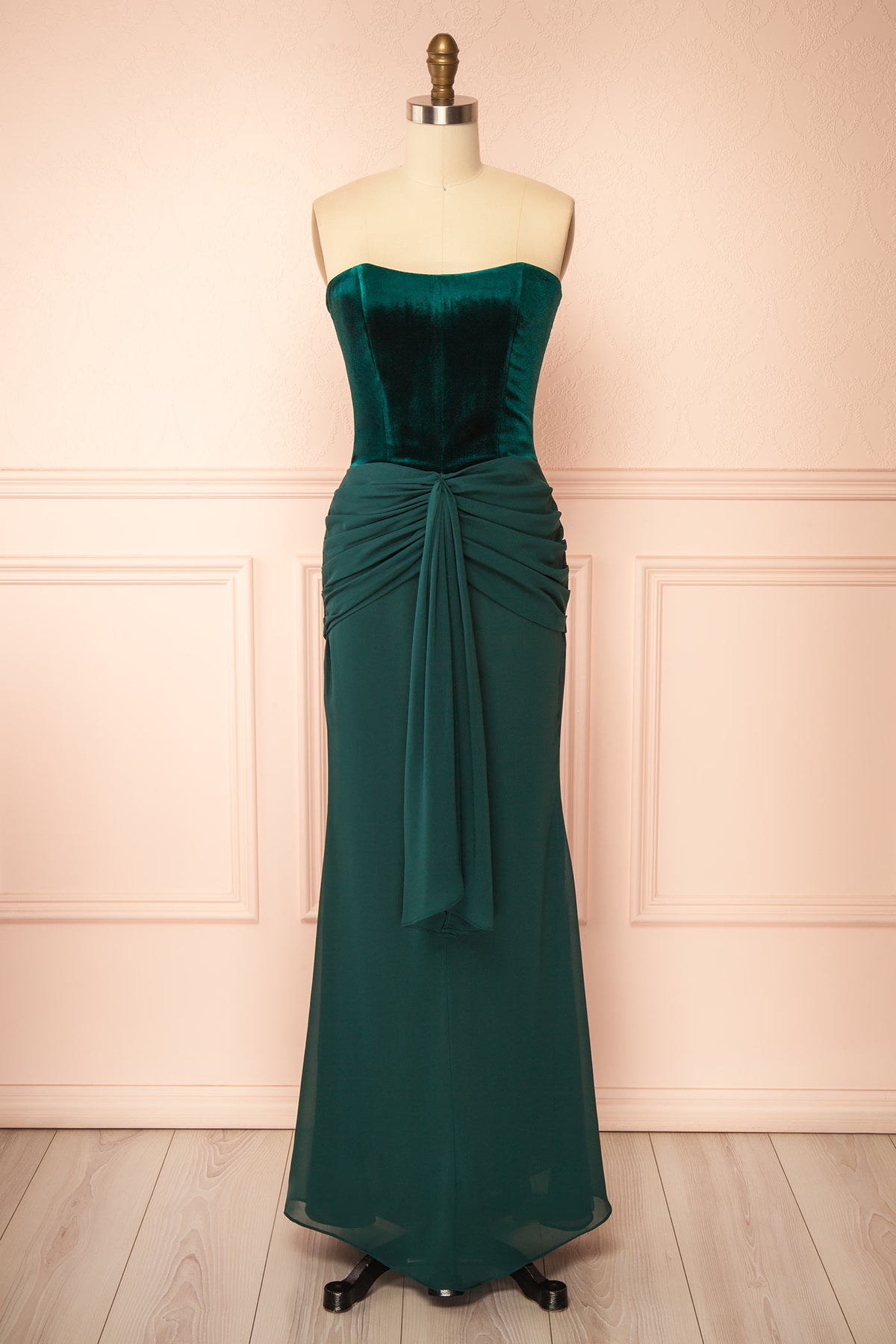 Front view of Acilie Green Strapless Velvet and Chiffon Bicolor Maxi Dress at Boutique 1861 