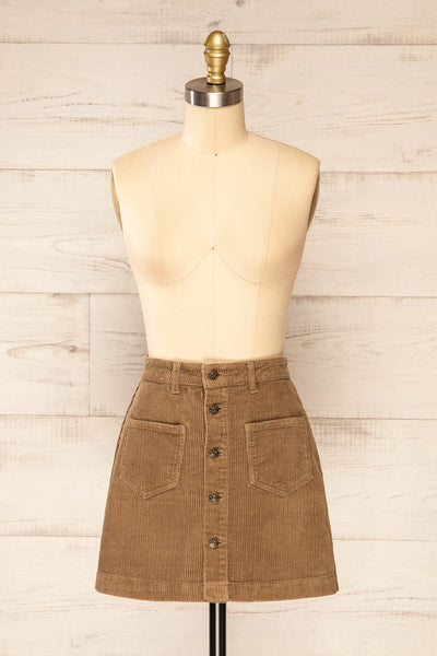 Acy Brown Short Corduroy Skirt w/ Buttons | La petite garçonne front view