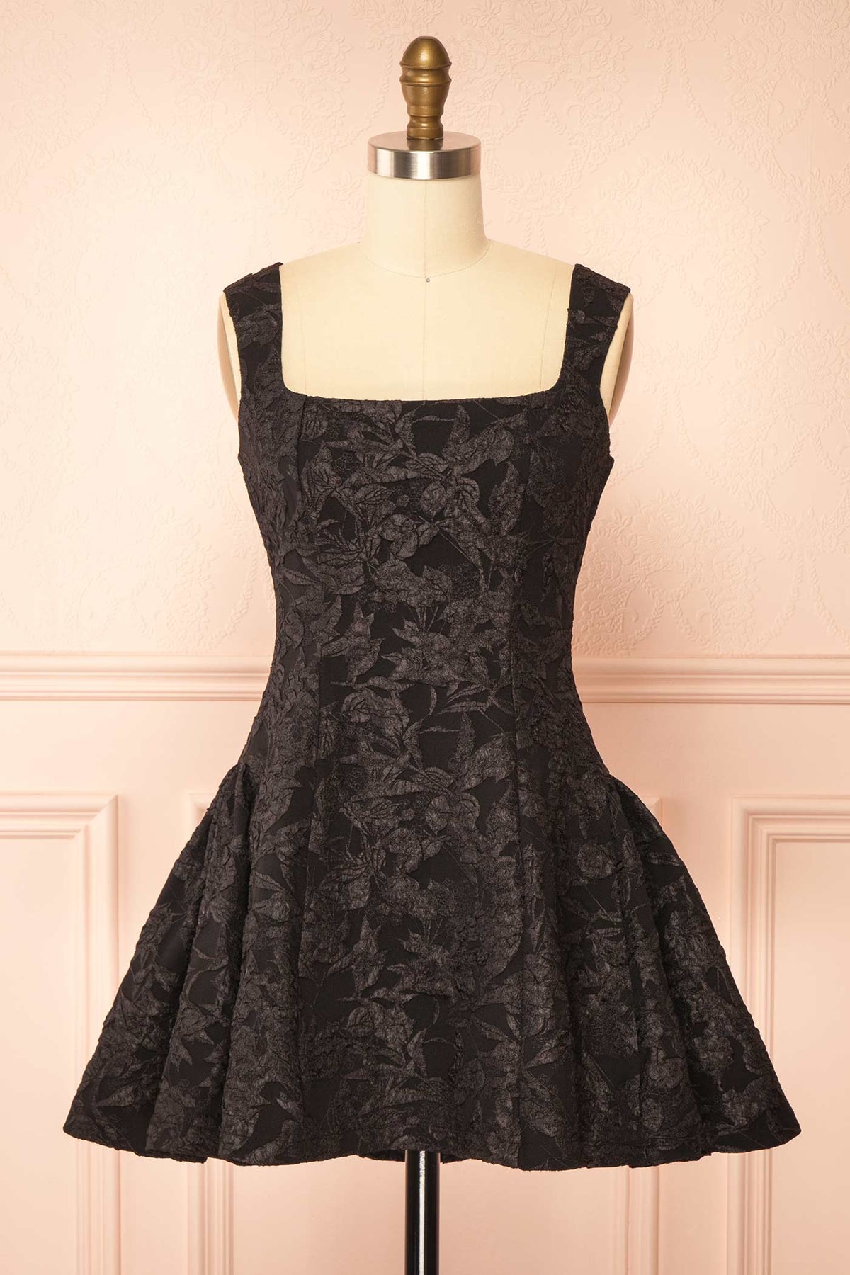 front view of Adalise Black Jacquard Short Dress at Boutique 1861