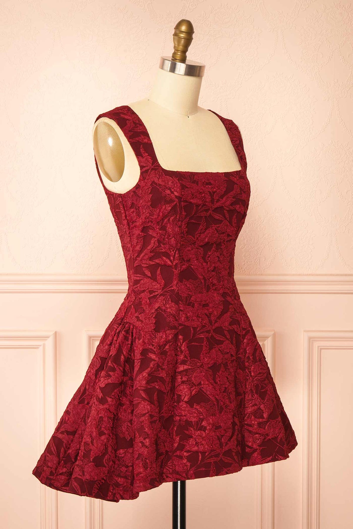 side view of Adalise Burgundy Jacquard Short Dress at Boutique 1861