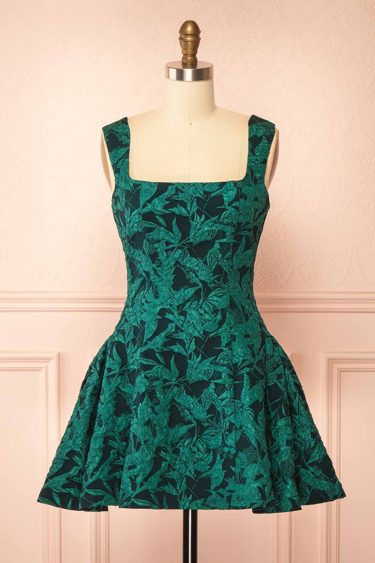 front view of Adalise Green Jacquard Short Dress at Boutique 1861