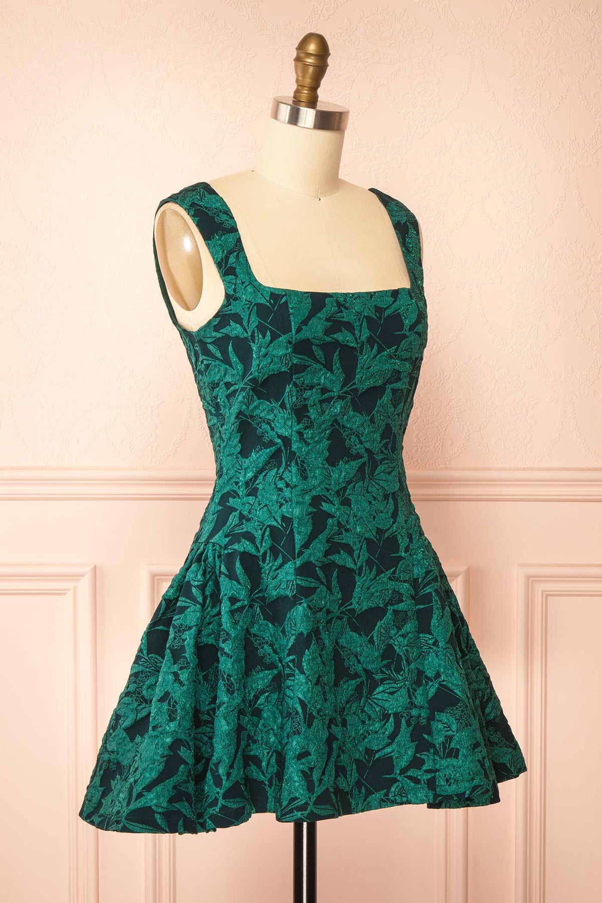 side view of Adalise Green Jacquard Short Dress at Boutique 1861