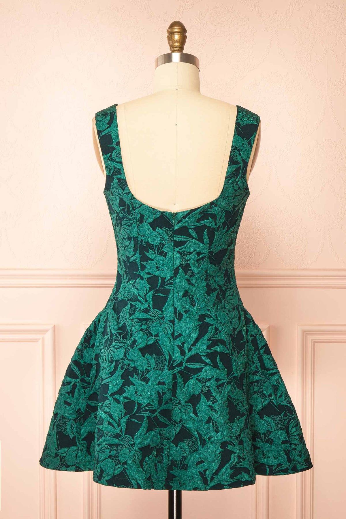 back view of Adalise Green Jacquard Short Dress at Boutique 1861