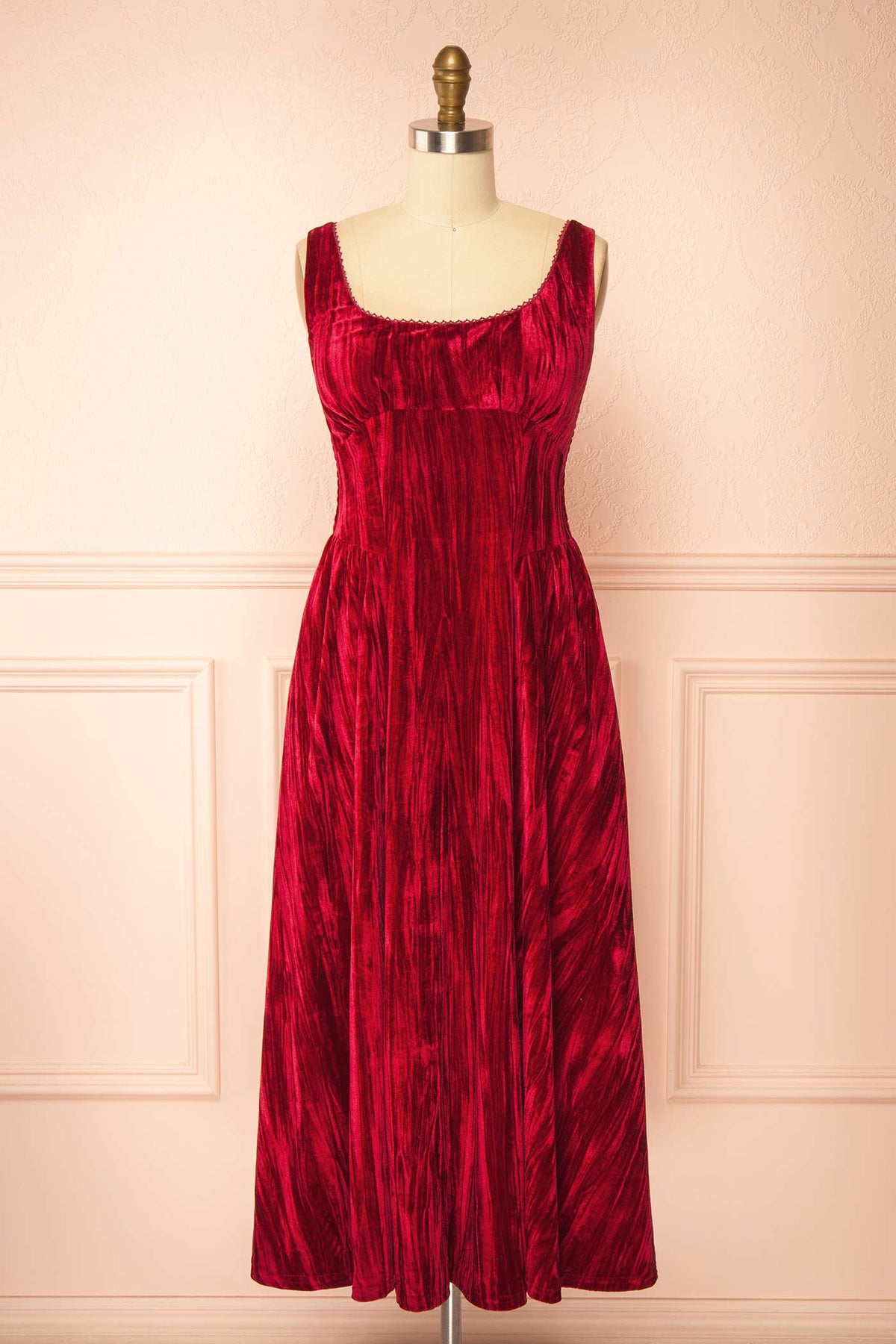 front view Adela Red Velvet Midi Dress with Fitted Bodice and Pockets at Boutique 1861