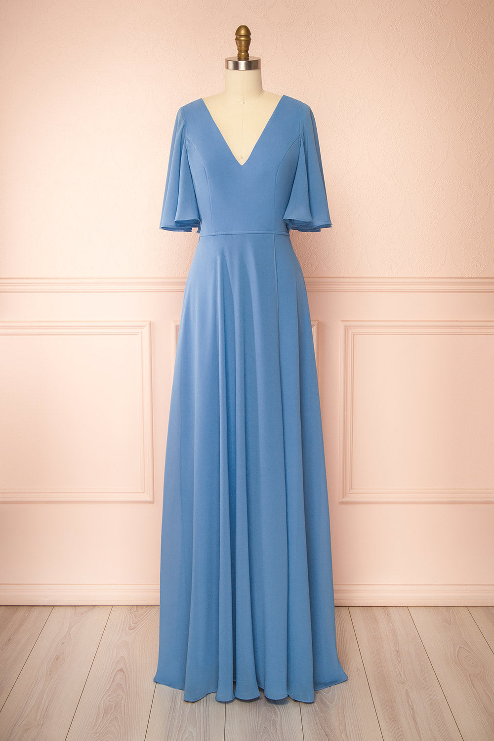Adelphia Blue V-Neck Chiffon Maxi Dress | Boutique 1861 front view