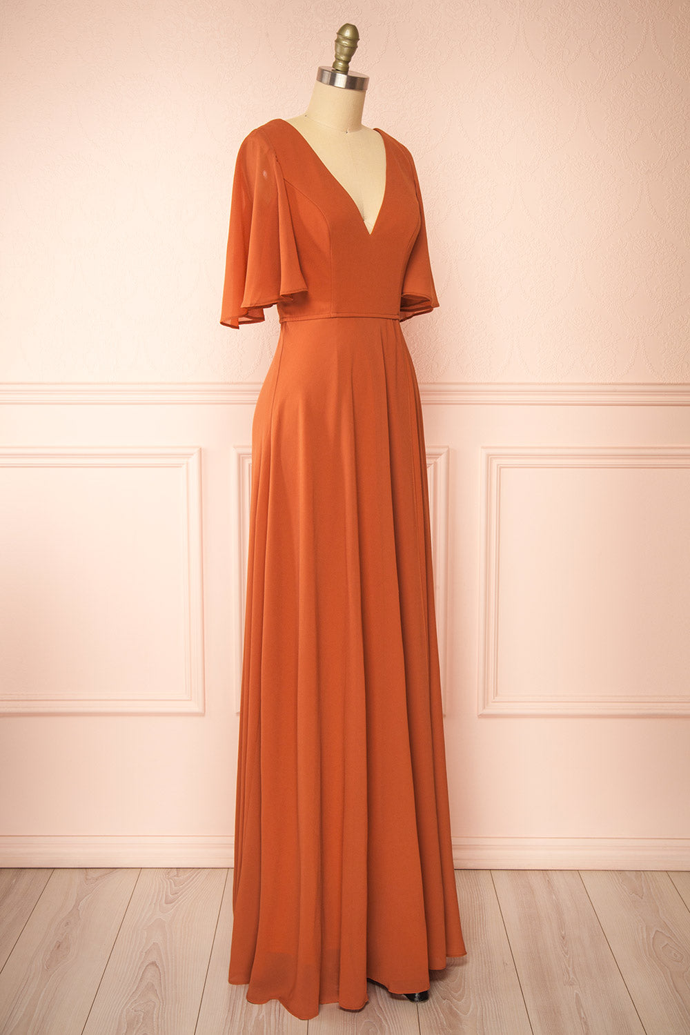 Adelphia Rust V-neck Chiffon Maxi Dress | Boutique 1861 side view