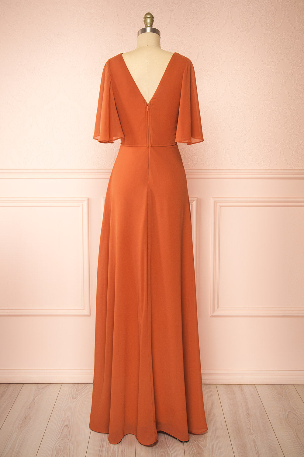 Adelphia Rust V-neck Chiffon Maxi Dress | Boutique 1861 back view