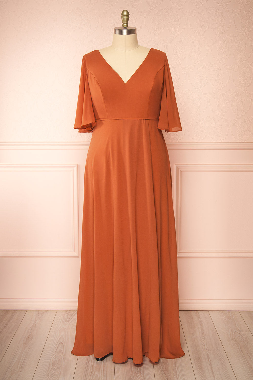 Adelphia Rust V-neck Chiffon Maxi Dress | Boutique 1861 front plus size