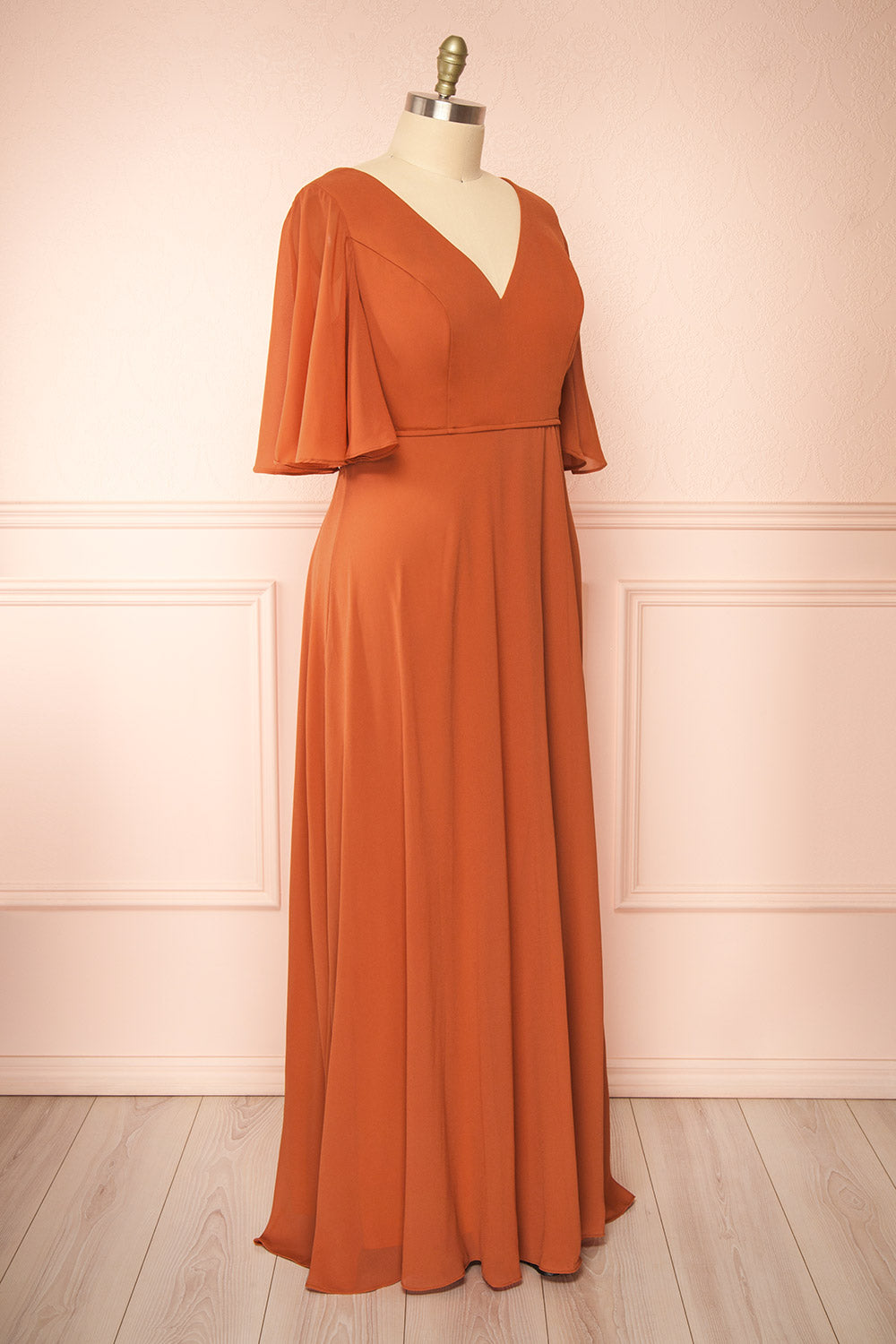 Adelphia Rust V-neck Chiffon Maxi Dress | Boutique 1861 side plus size