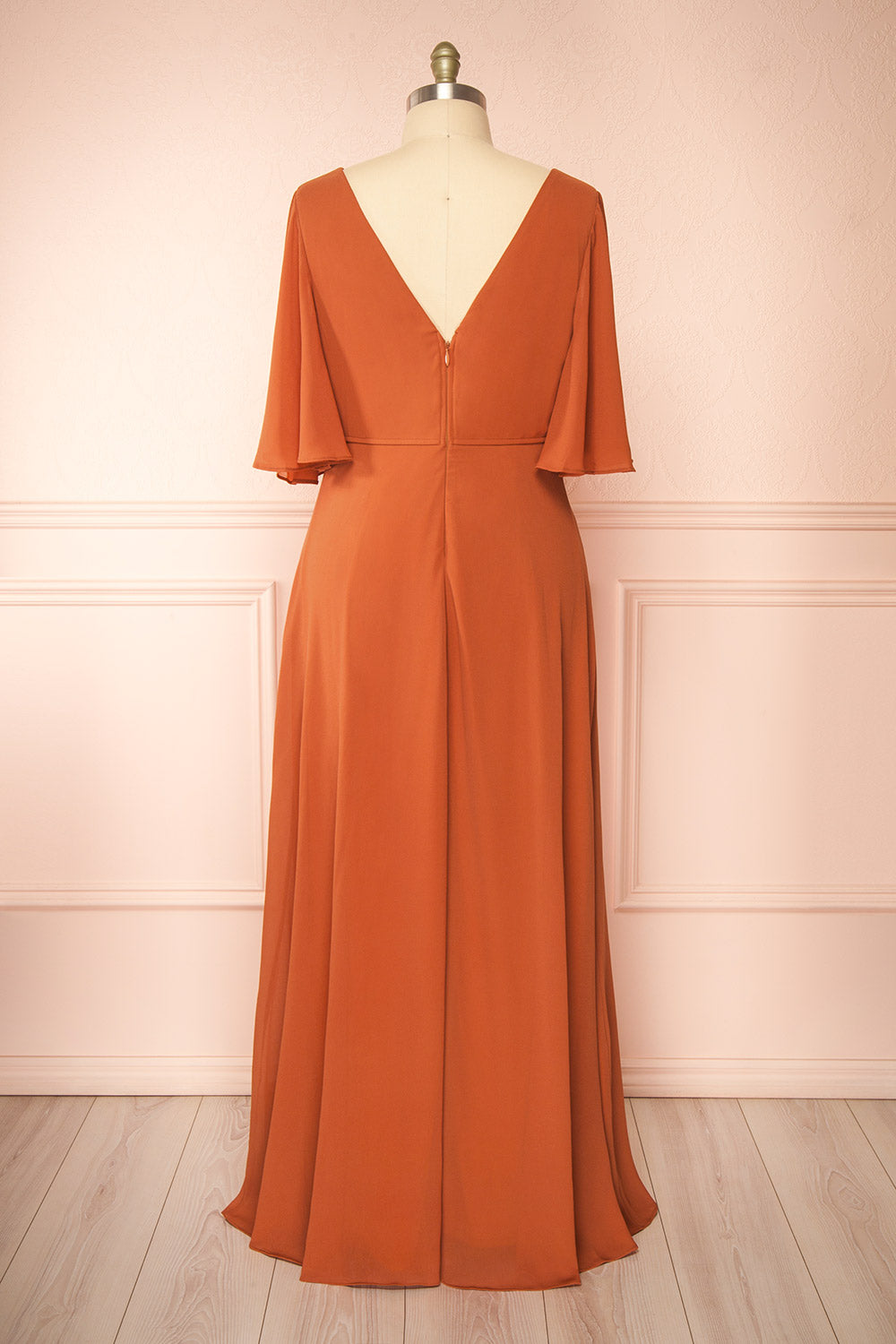 Adelphia Rust V-neck Chiffon Maxi Dress | Boutique 1861 back plus size