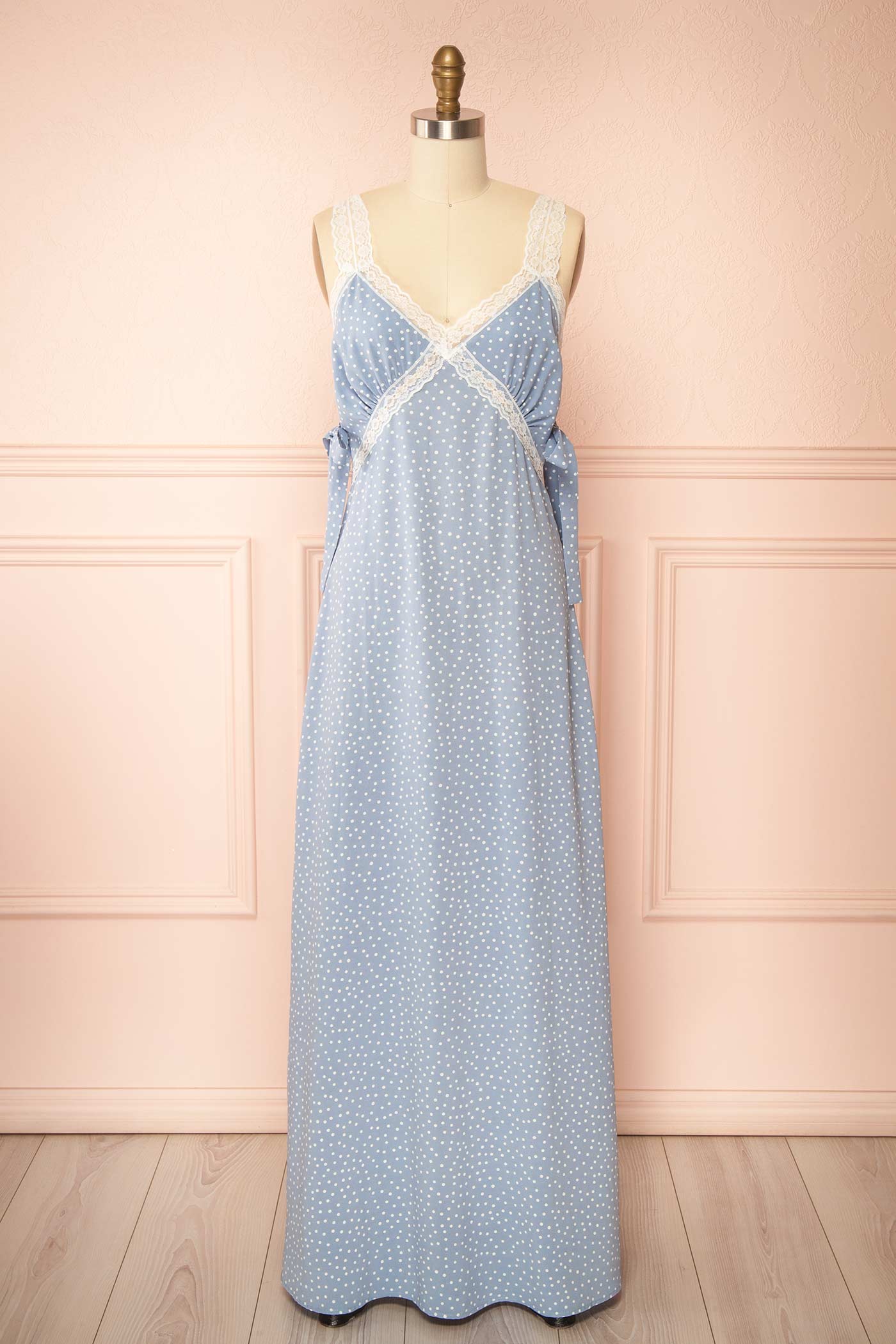 Frontview Aderyn  Blue Maxi Dress with Polka Dots at boutique 1861