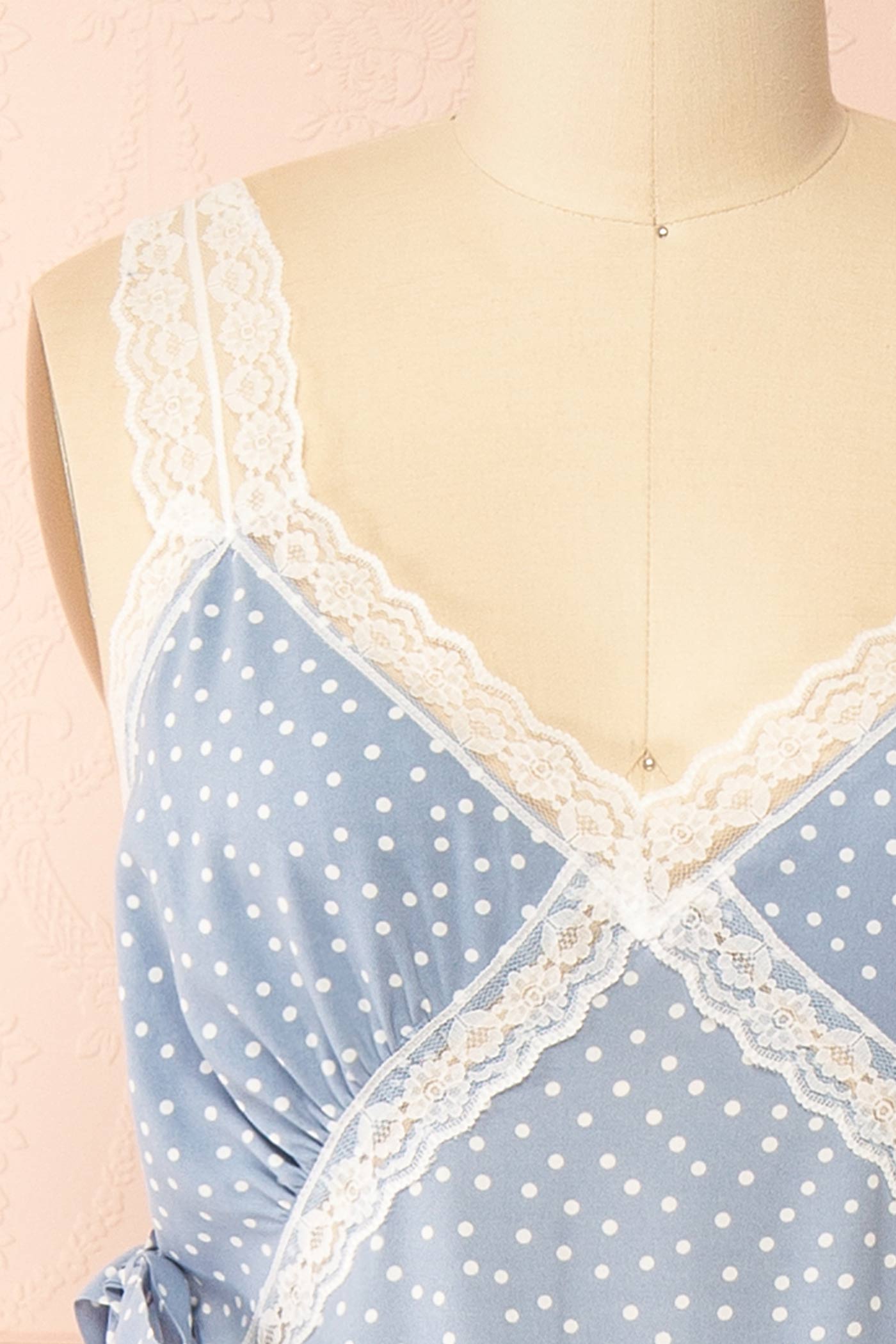 Close-up Aderyn  Blue Maxi Dress with Polka Dots at boutique 1861