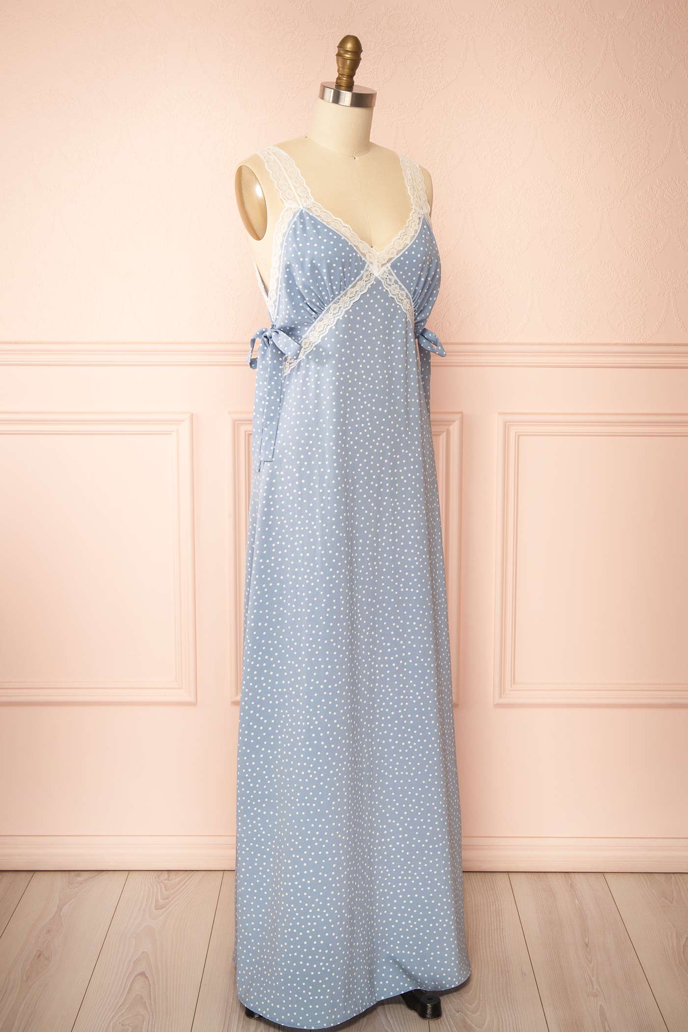 Sideview Aderyn  Blue Maxi Dress with Polka Dots at boutique 1861