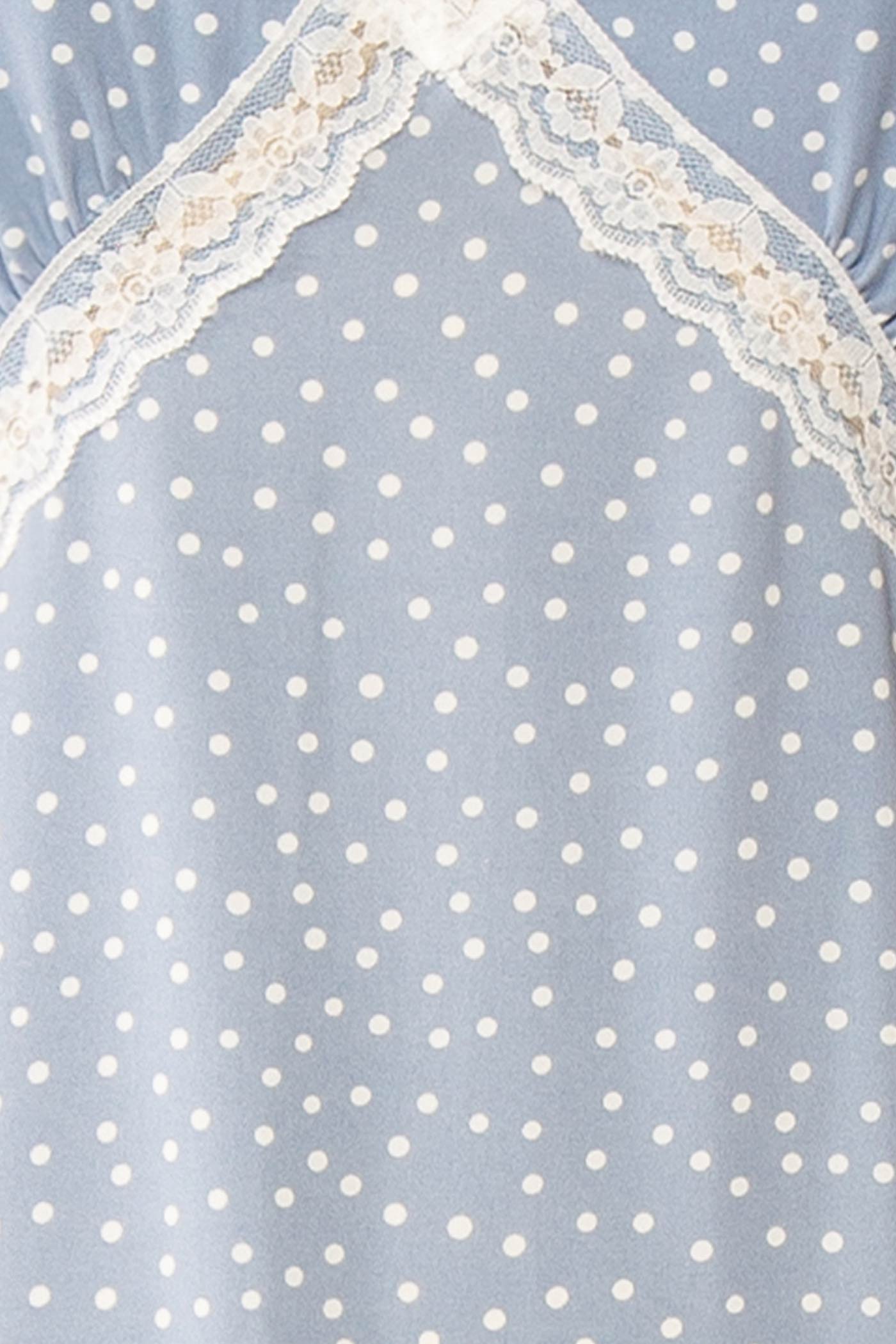 Close-up Aderyn  Blue Maxi Dress with Polka Dots at boutique 1861