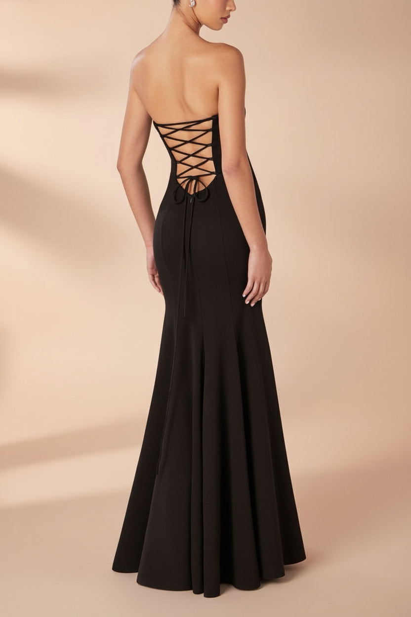 Aeji photo on mannequin Black Strapless Mermaid Dress w/ Corset Back | Boutique 1861  back