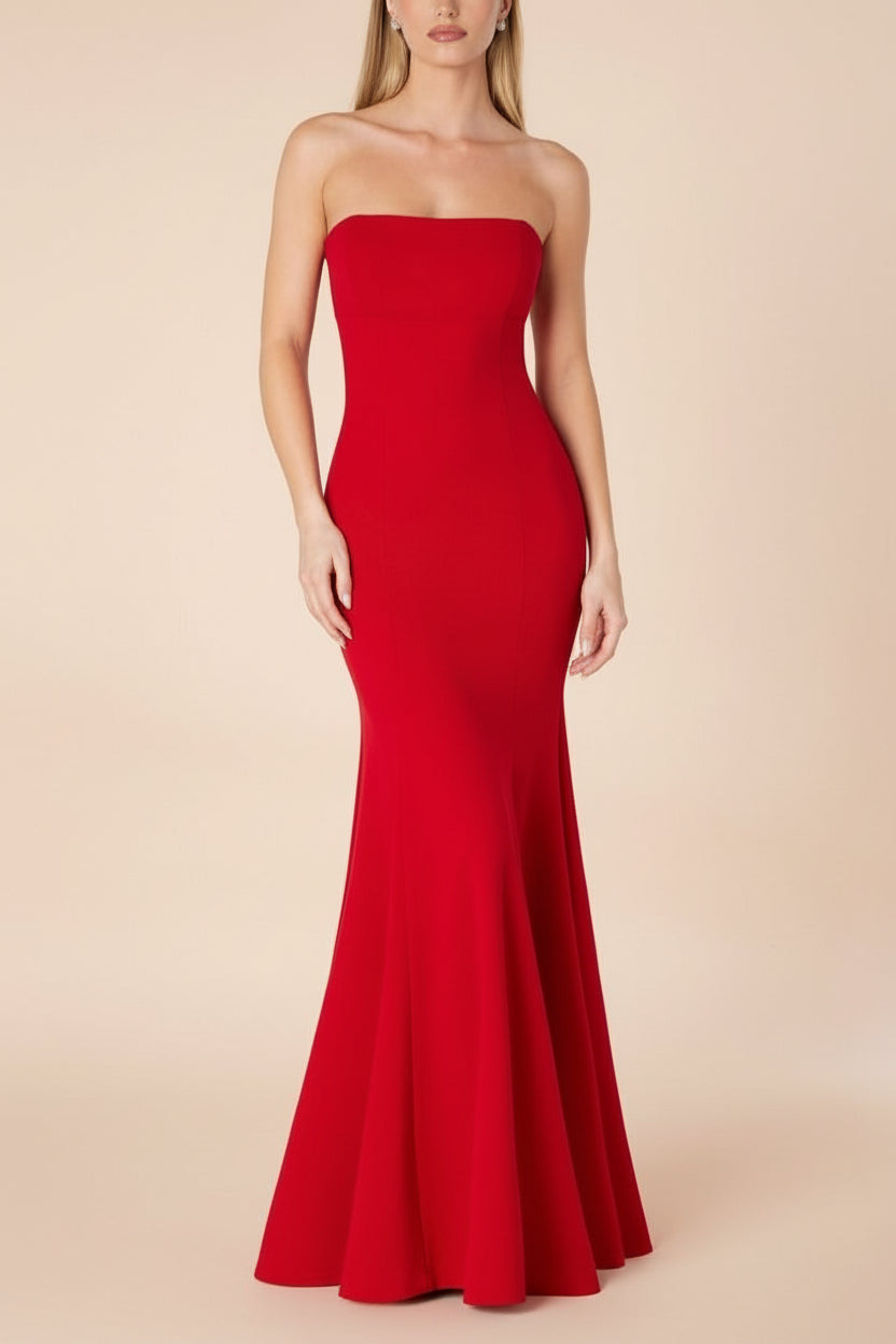 Aeji Red Strapless Mermaid Dress w/ Corset Back | Boutique 1861 front on mannequin