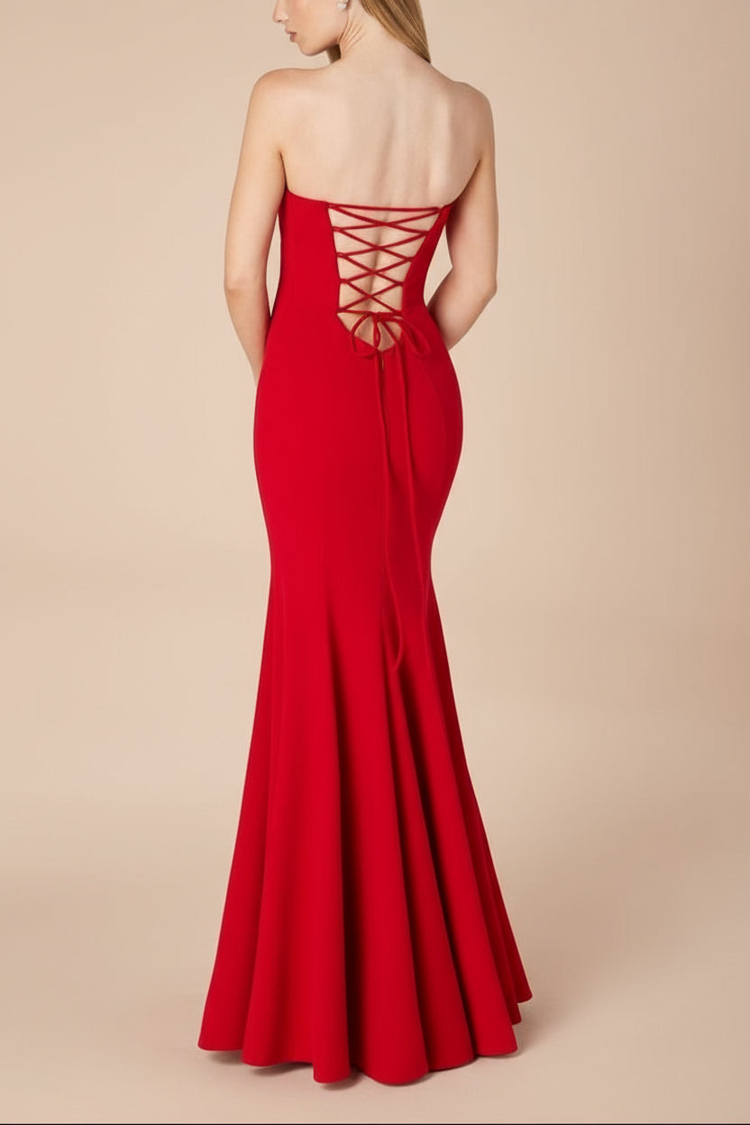 Aeji Red Strapless Mermaid Dress w/ Corset Back | Boutique 1861 back on mannequin