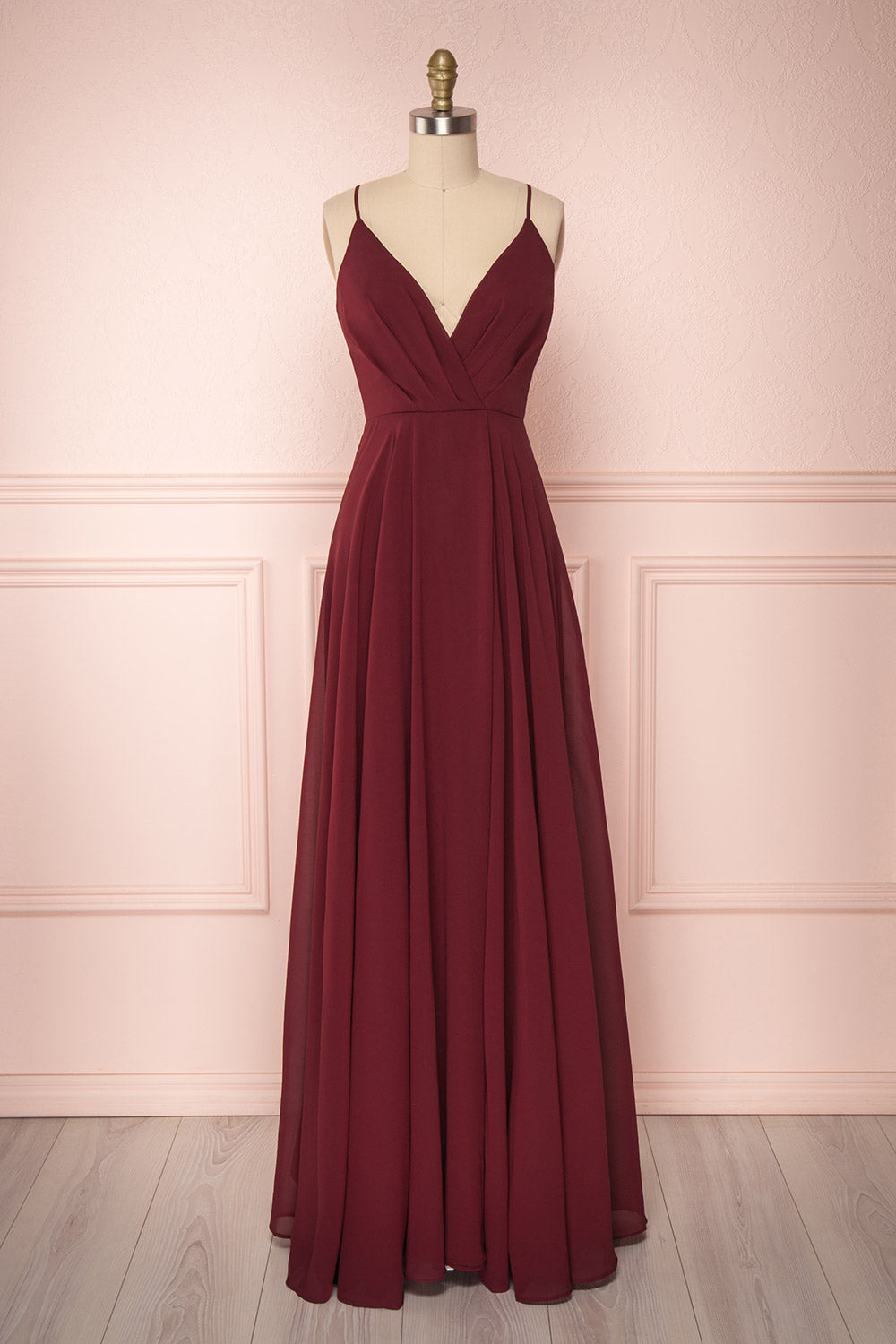 Aelis Burgundy | Pleated Plunging V-Neckline Gown