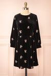Aerelia Black Short Velvet Dress w/ Floral Embroidery | Boutique 1861 front view