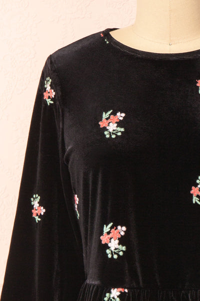 Aerelia Black Short Velvet Dress w/ Floral Embroidery | Boutique 1861 front close-up