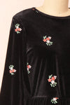 Aerelia Black Short Velvet Dress w/ Floral Embroidery | Boutique 1861 side close-up
