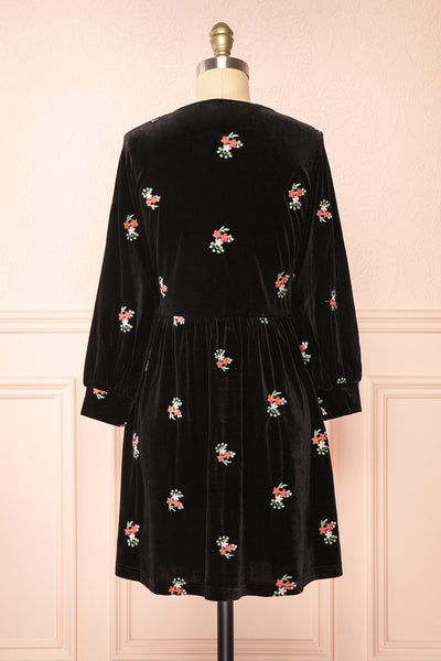 Aerelia Black Short Velvet Dress w/ Floral Embroidery | Boutique 1861 back view