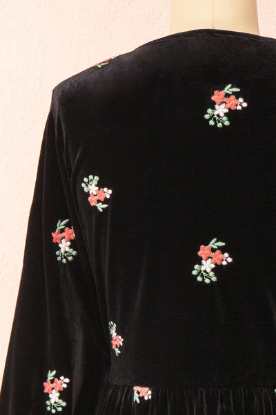 Aerelia Black Short Velvet Dress w/ Floral Embroidery | Boutique 1861 back close-up