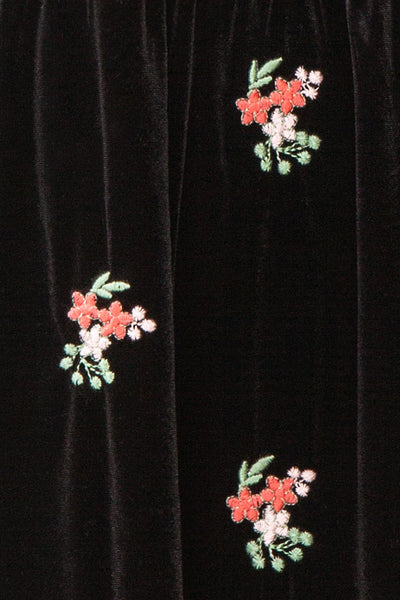 Aerelia Black Short Velvet Dress w/ Floral Embroidery | Boutique 1861 fabric