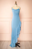 Aeron Bleu | Robe Maxi Asymétrique en Chiffon à Volants