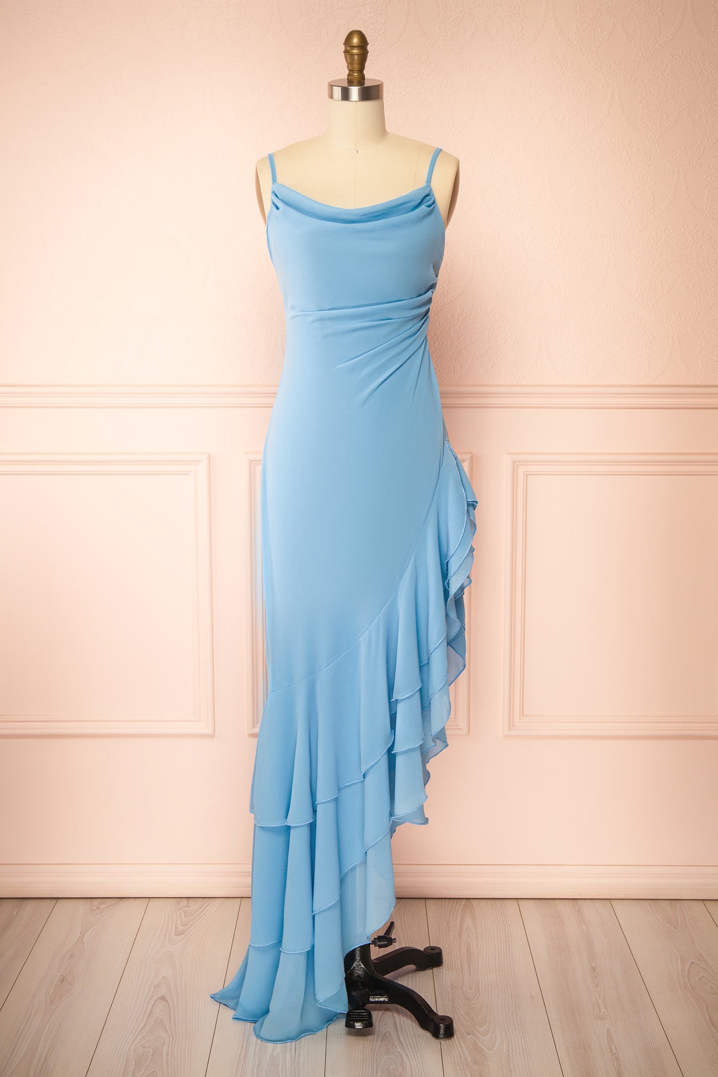 Aeron Bleu | Robe Maxi Asymétrique en Chiffon à Volants