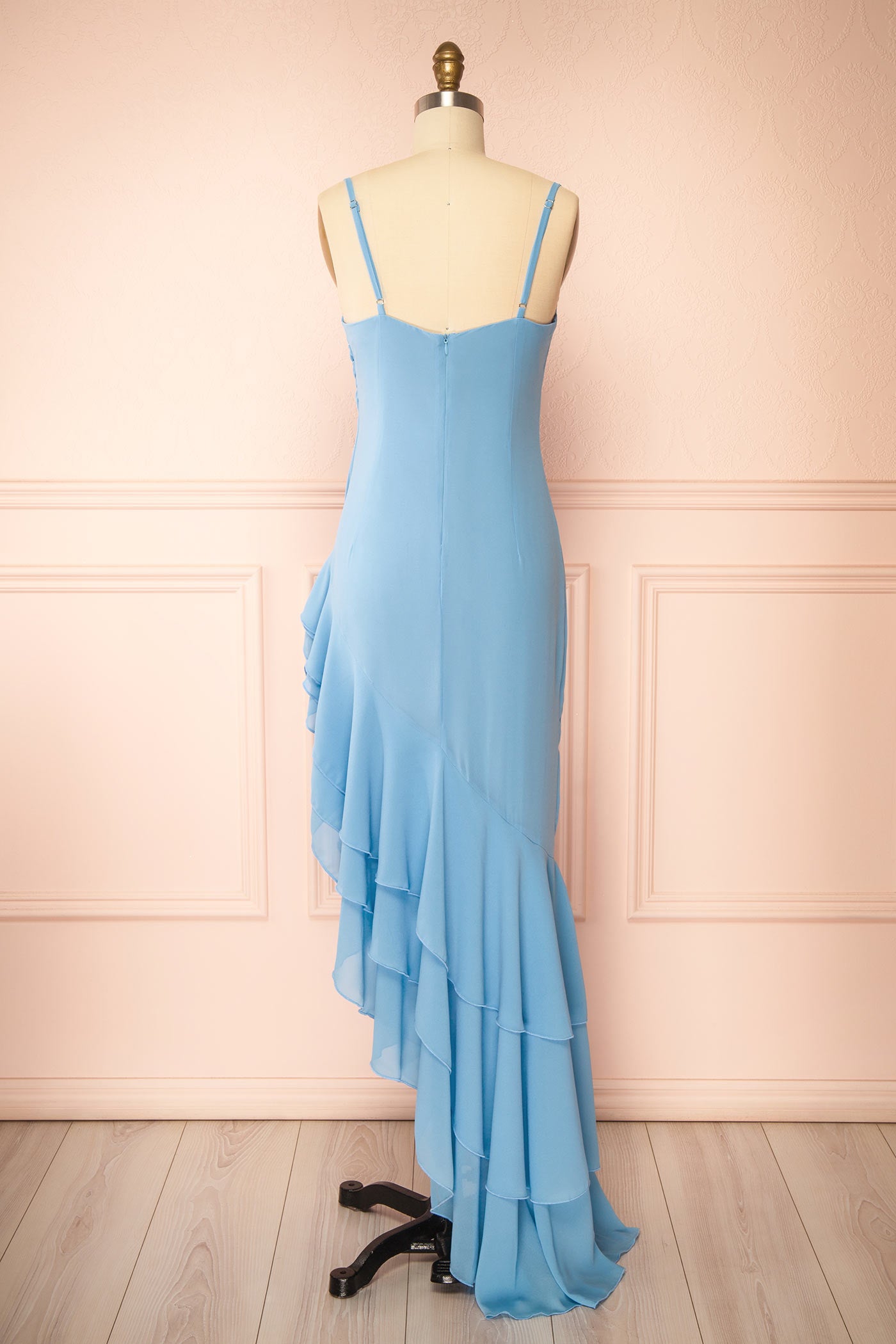 Aeron Bleu | Robe Maxi Asymétrique en Chiffon à Volants