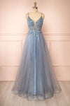 Aethera Blue Grey Sparkling Beaded A-Line Maxi Dress | Boutique 1861 front view