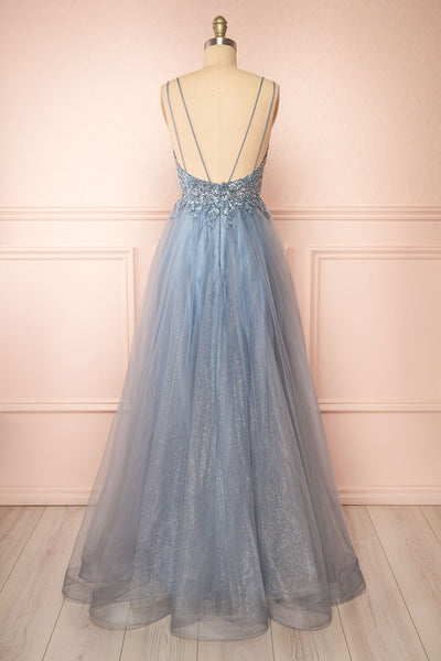 Aethera Blue Grey Sparkling Beaded A-Line Maxi Dress | Boutique 1861 back view