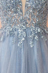 Aethera Blue Grey Sparkling Beaded A-Line Maxi Dress | Boutique 1861 fabric
