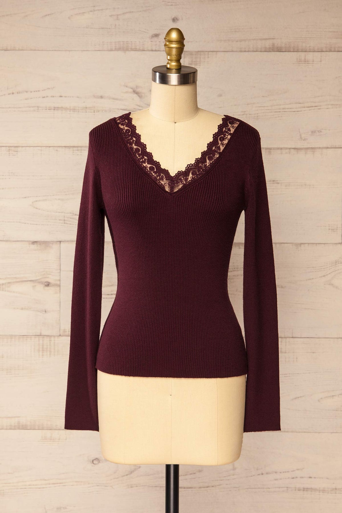 front view of Agasta Burgundy Ribbed Knit Top with Lace at La petite garçonne