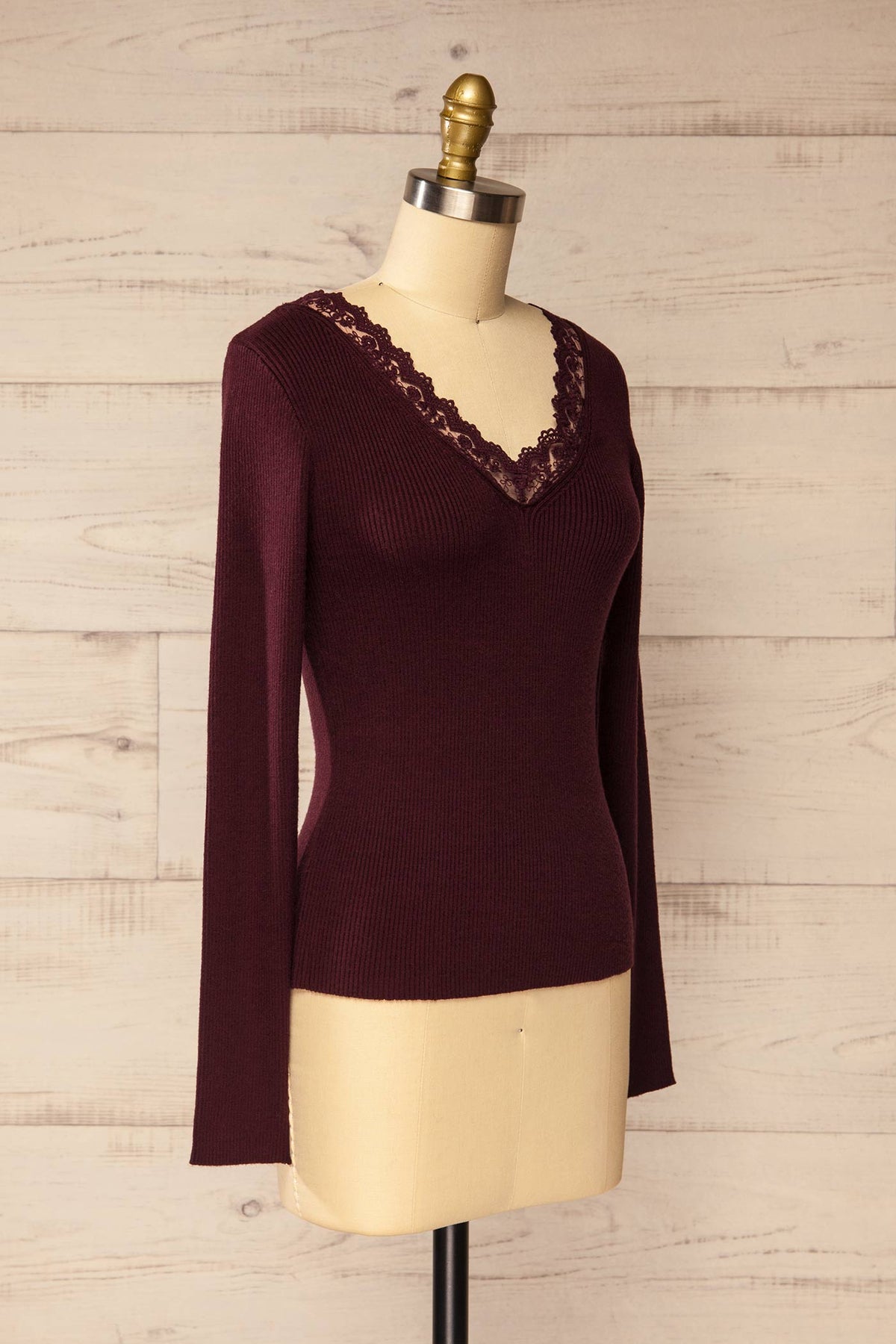side view of Agasta Burgundy Ribbed Knit Top with Lace at La petite garçonne
