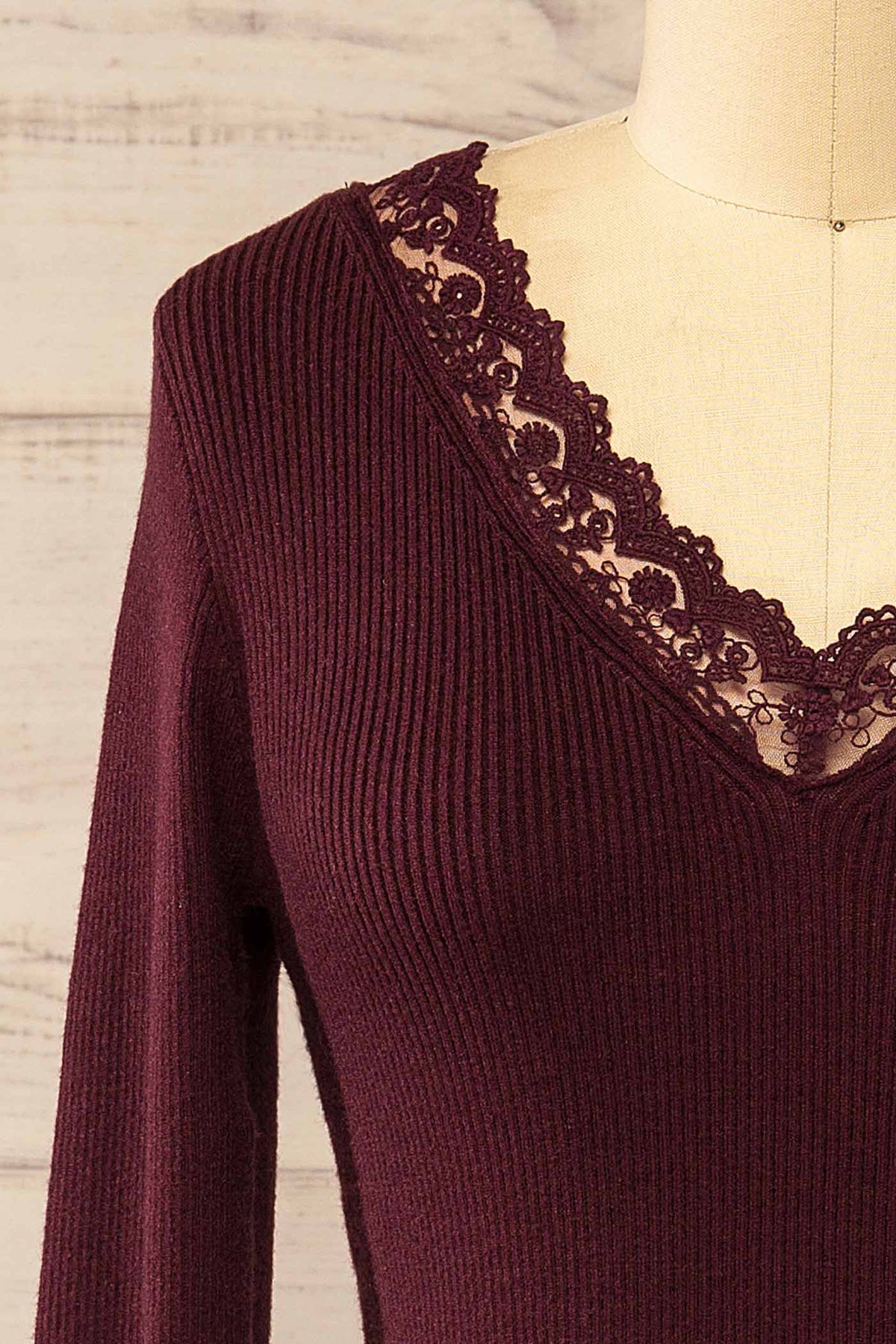 fabric view of Agasta Burgundy Ribbed Knit Top with Lace at La petite garçonne