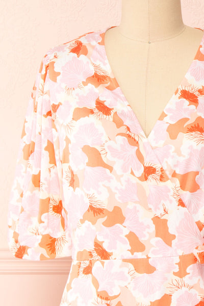Aghasti Short Pink Floral Wrap Dress | Boutique 1861 front close-up