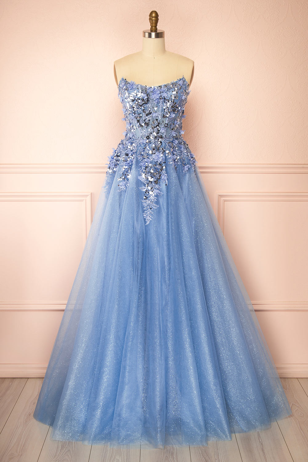Agnes Light Blue Glitter Tulle Maxi Dress with 3D Floral Appliqué | Boutique 1861 front view