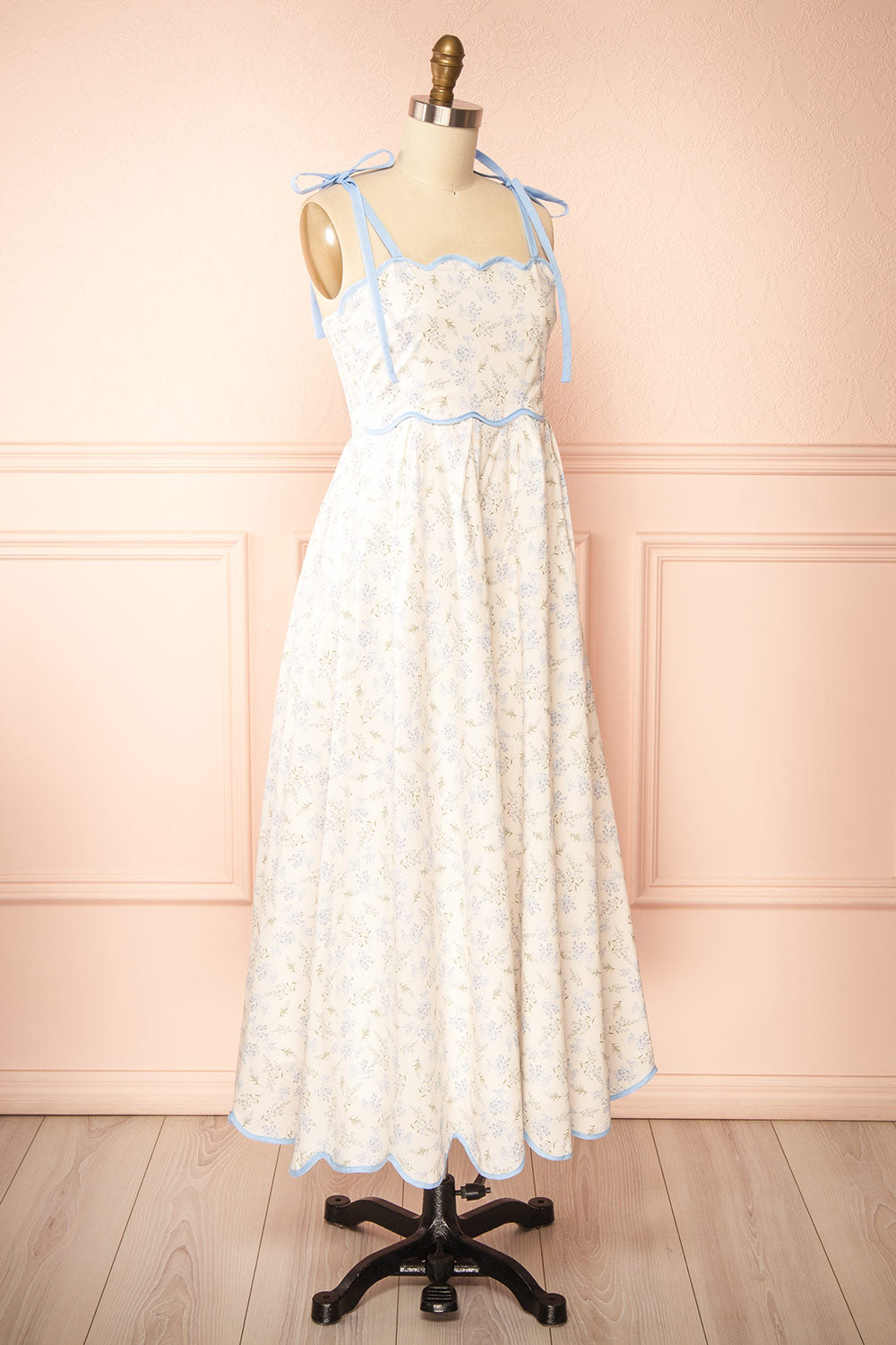 Ahrya Blue Floral Midi Dress with Bow Straps and Scallop Hem | Boutique 1861 side view