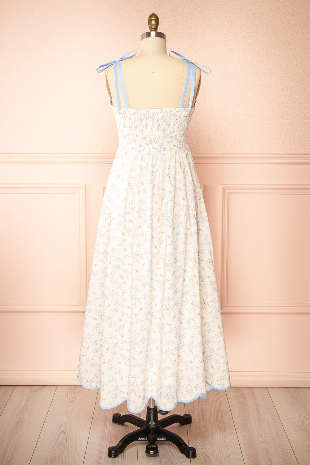 Ahrya Blue Floral Midi Dress with Bow Straps and Scallop Hem | Boutique 1861 back view