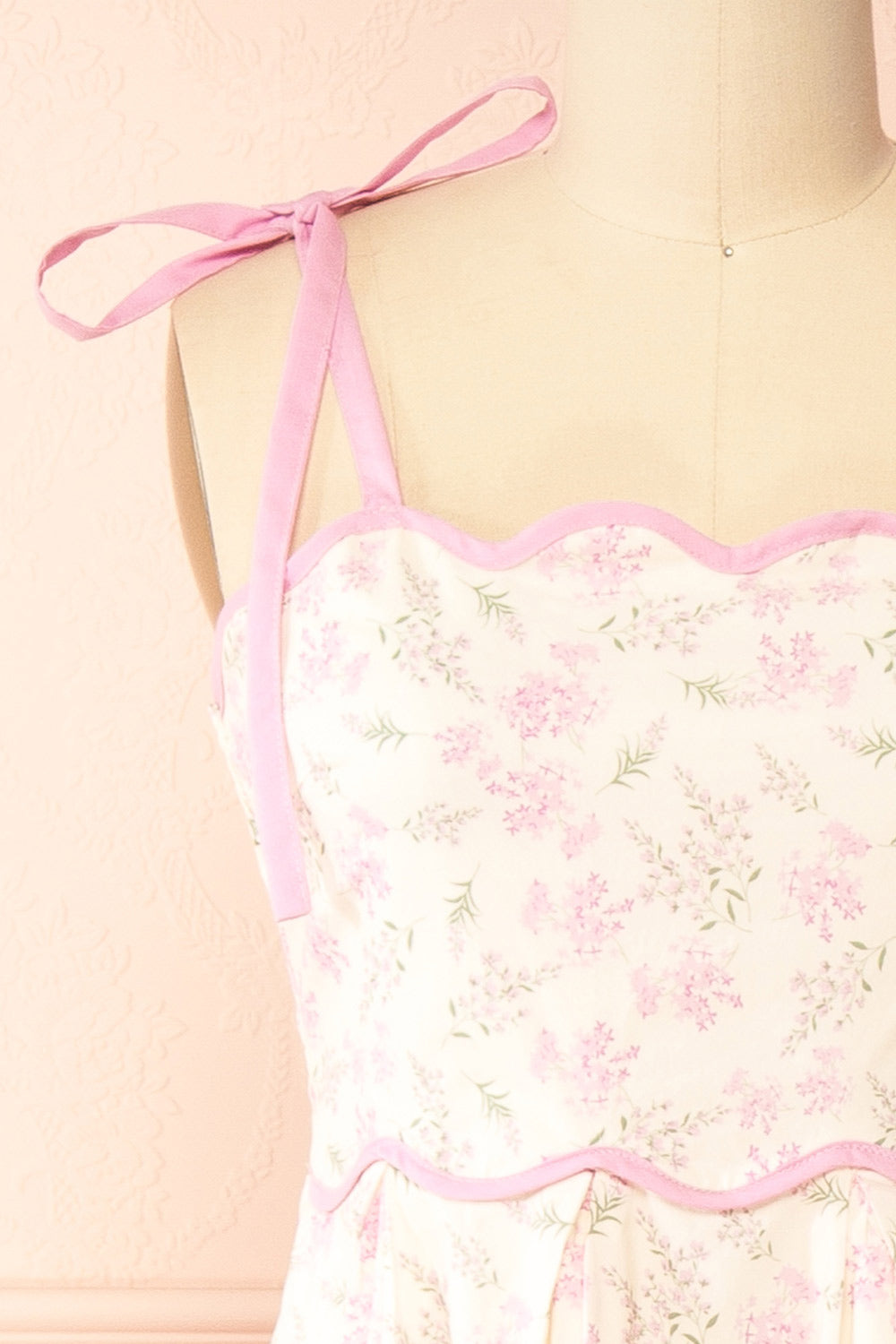 Ahrya Pink Floral Midi Dress with Bow Straps and Scallop Hem | Boutique 1861 front
